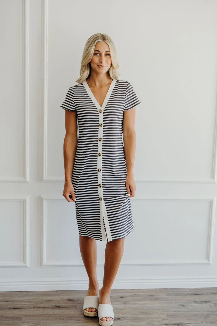 Junie Dress in Black Stripes Dress Mikarose- Tilden Co.