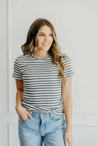 Striped Basic Tee in Charcoal Shirts & Tops Mikarose- Tilden Co.