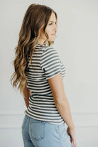 Striped Basic Tee in Charcoal Shirts & Tops Mikarose- Tilden Co.