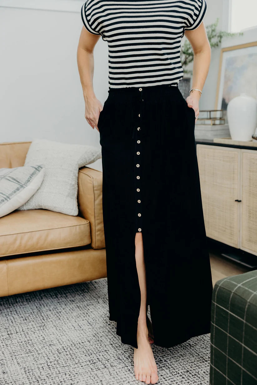 Button Front Slit Maxi in Black Skirts Mikarose- Tilden Co.