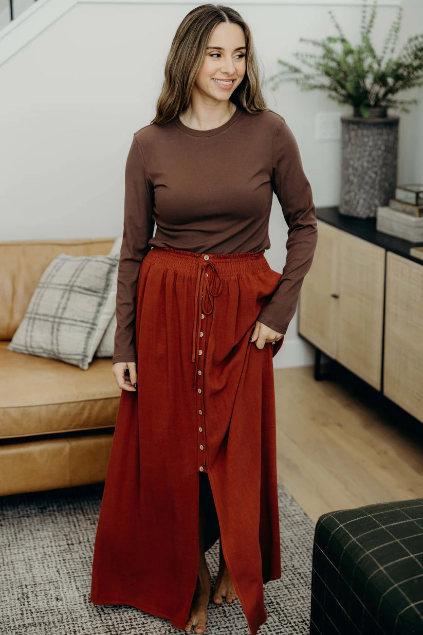 Button Front Slit Maxi in Autumn Glaze Shirts & Tops Mikarose- Tilden Co.