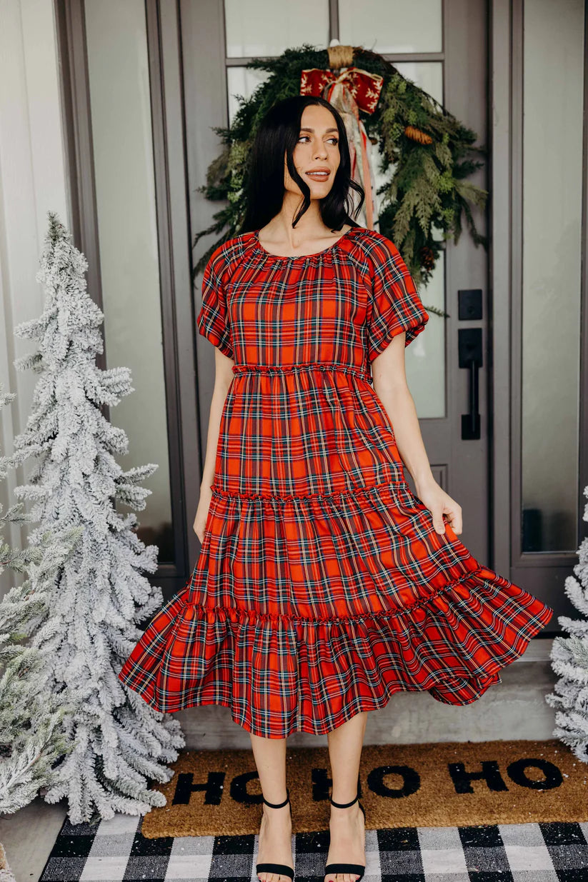 The Serena Dress in Cranberry Plaid Dress Mikarose- Tilden Co.