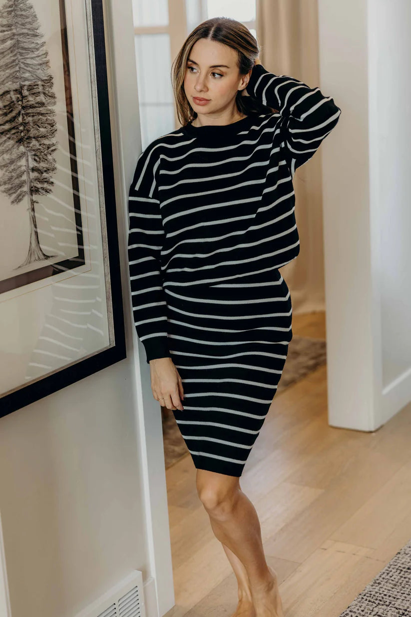 Striped Knit Sweater in Black Long Sleeve Shirts and Tops Mikarose- Tilden Co.