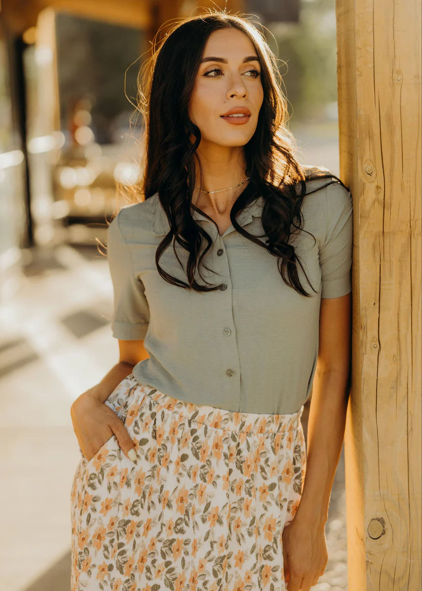 Ruffled Collared Blouse in Fog Green Blouse Mikarose- Tilden Co.