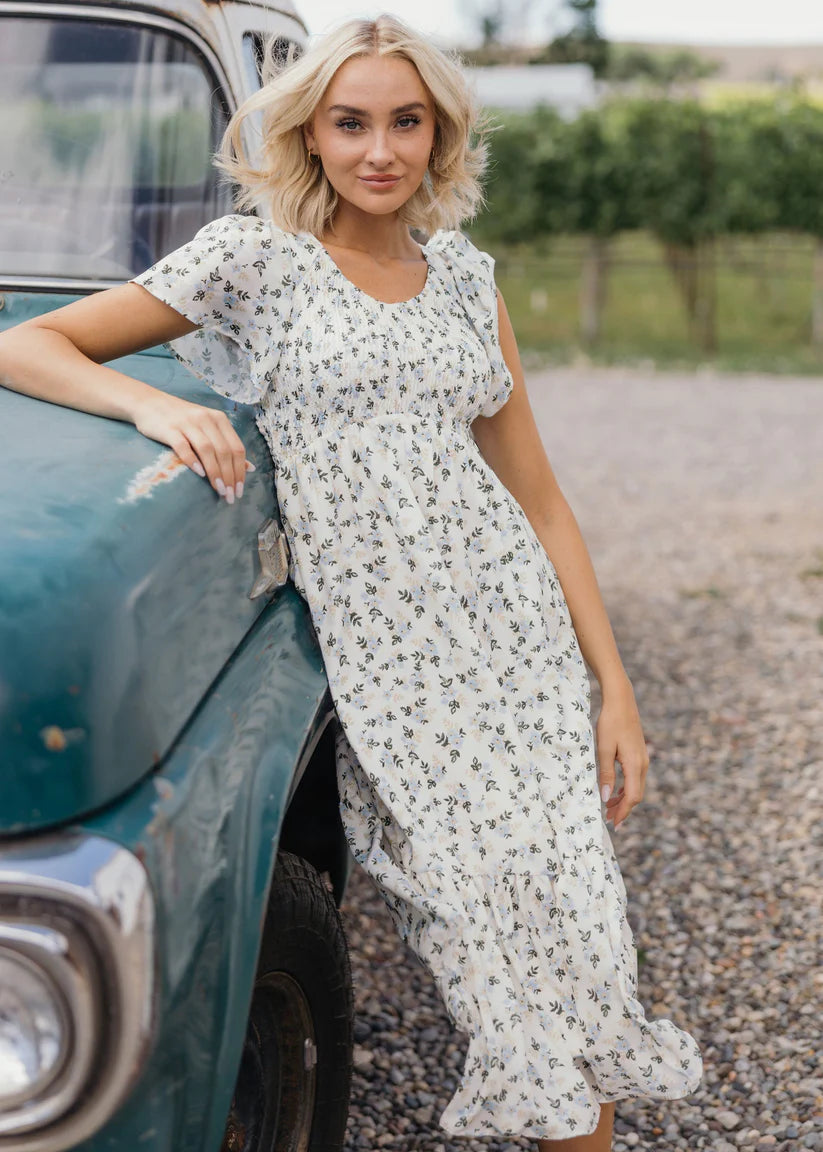 Kendall Dress in Bluedyed Petal Midi Dress Mikarose- Tilden Co.