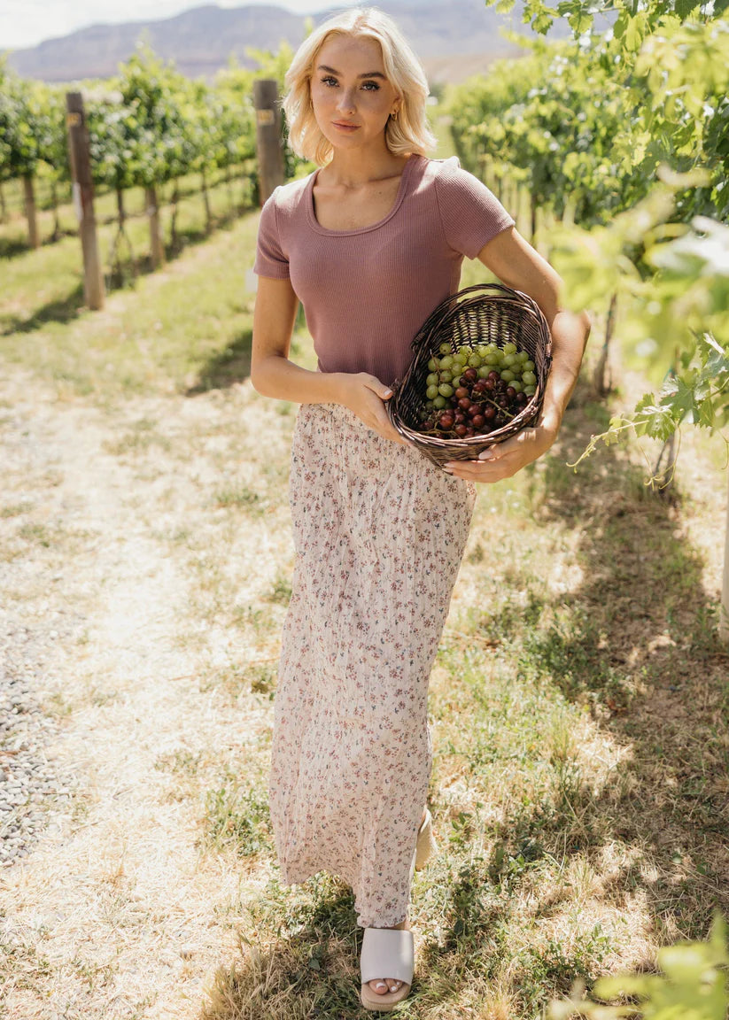 Ribbed Sweater Scoop Tee in Faded Fig Short Sleeve Top Mikarose- Tilden Co.