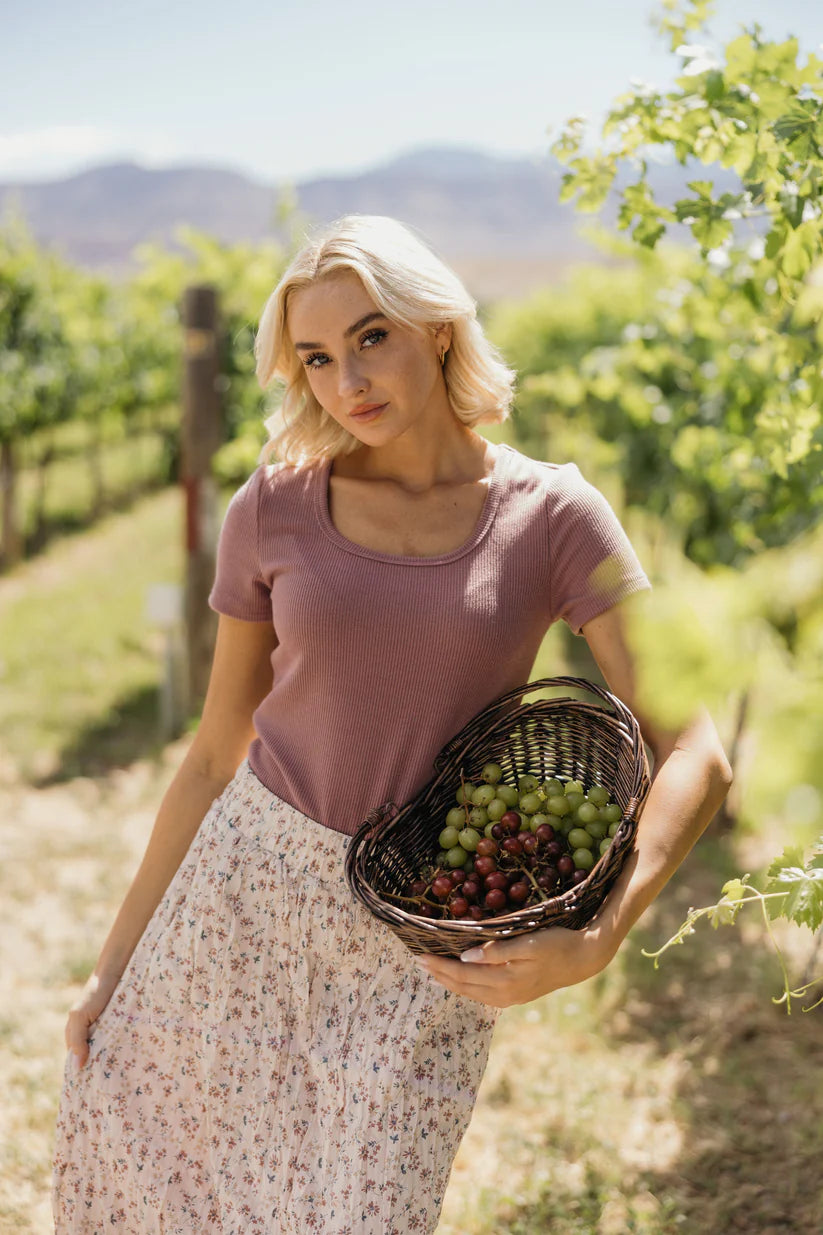 Ribbed Sweater Scoop Tee in Faded Fig Short Sleeve Top Mikarose- Tilden Co.