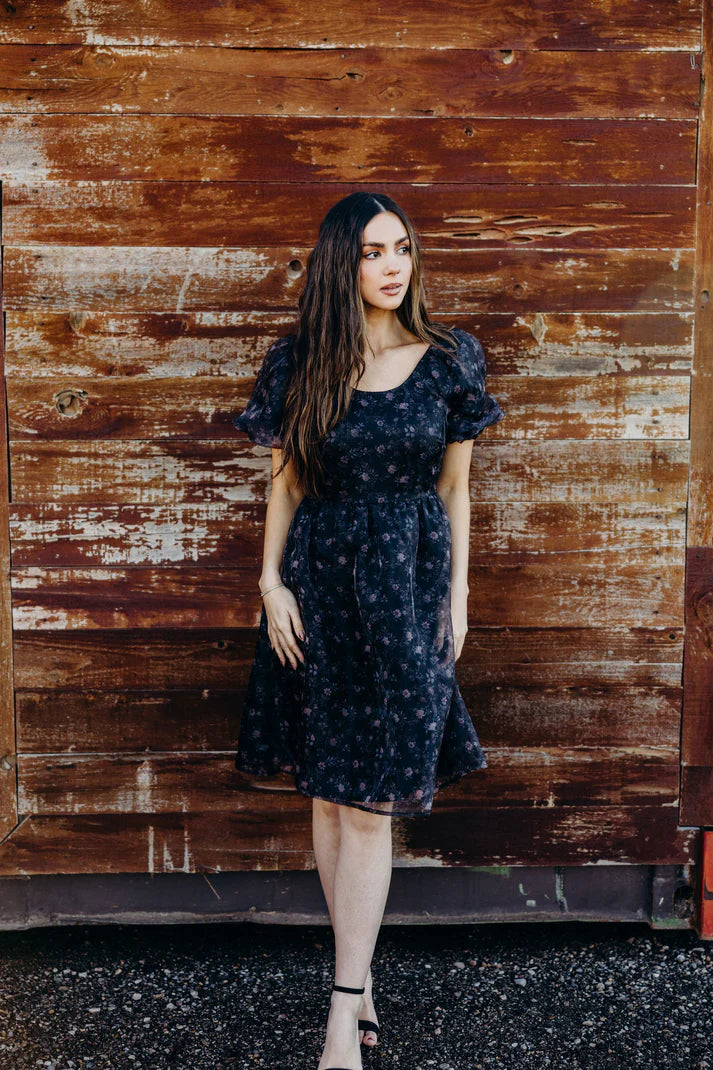 The Alta Dress in Black Floral    Knee Length Dress Mikarose- Tilden Co.