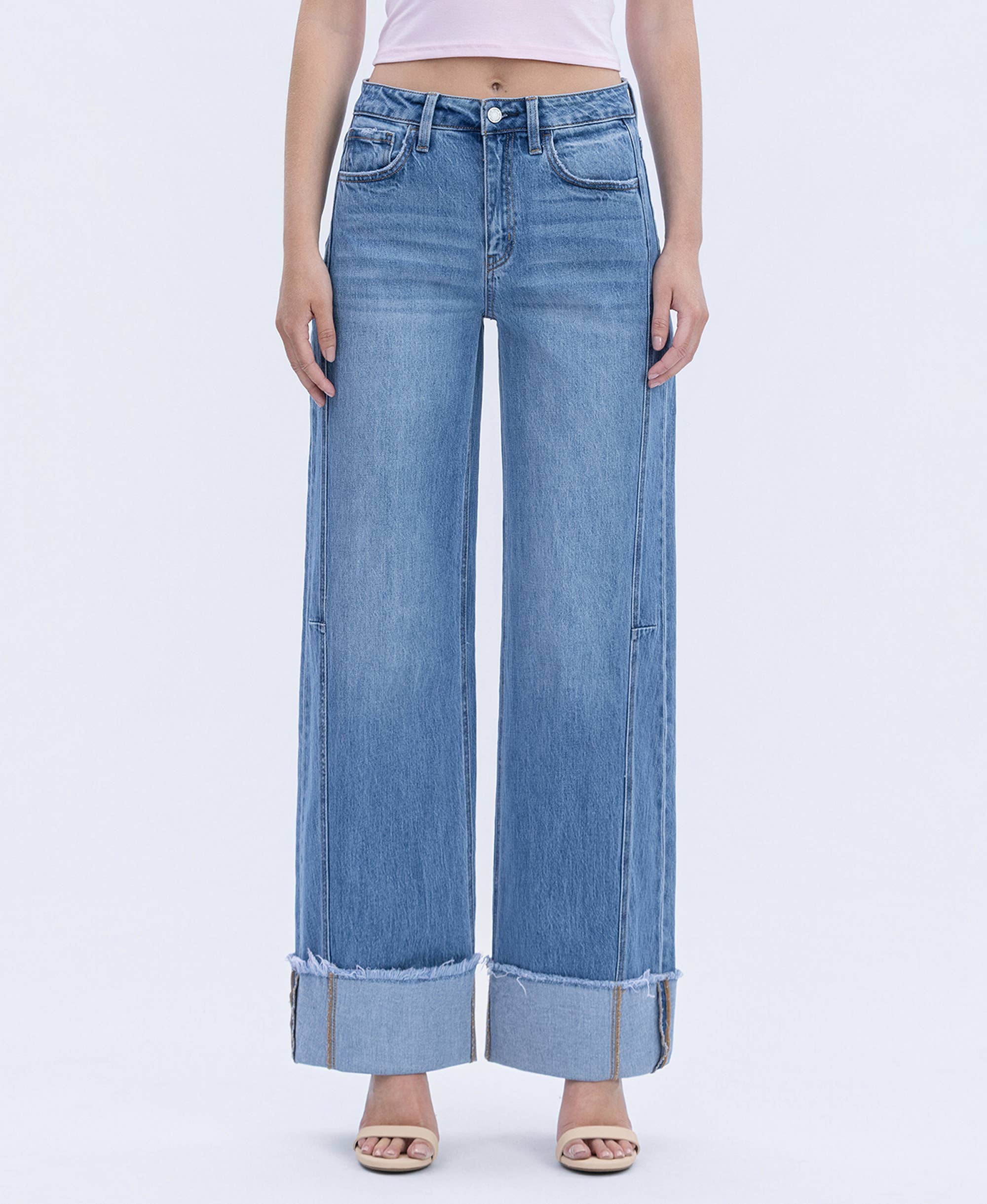 HIGH RISE MEDIUM WASH CUFFED WIDE JEANS T6684 ADORE YOU / 24 ADORE YOU 24 VERVET by FLYING MONKEY- Tilden Co.