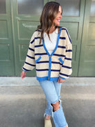 PREORDER: Contrast Trim Cardigan in Navy Stripe    Womens Ave Shops- Tilden Co.