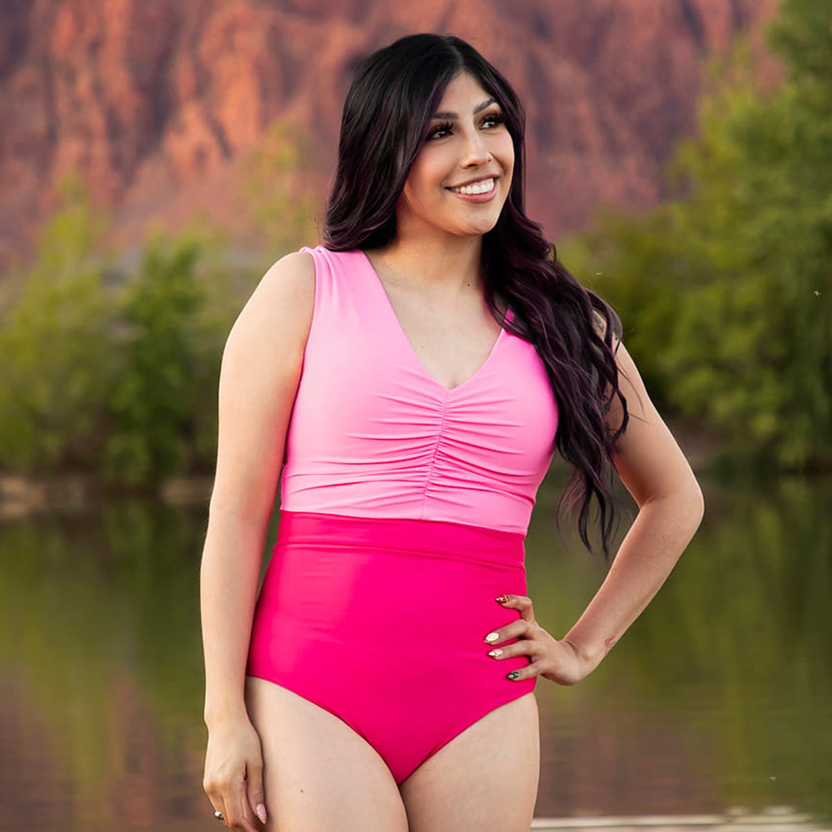 V Neck Gathered One Piece Swimsuit Fuchsia Color Block / XXS Fuchsia Color Block XXS Janela Bay- Tilden Co.