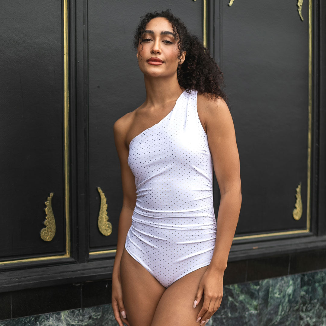 Single Shoulder One Piece Swimsuit Gold Polka Dot Foil / XS Gold Polka Dot Foil XS One Piece Swimsuit Janela Bay- Tilden Co.