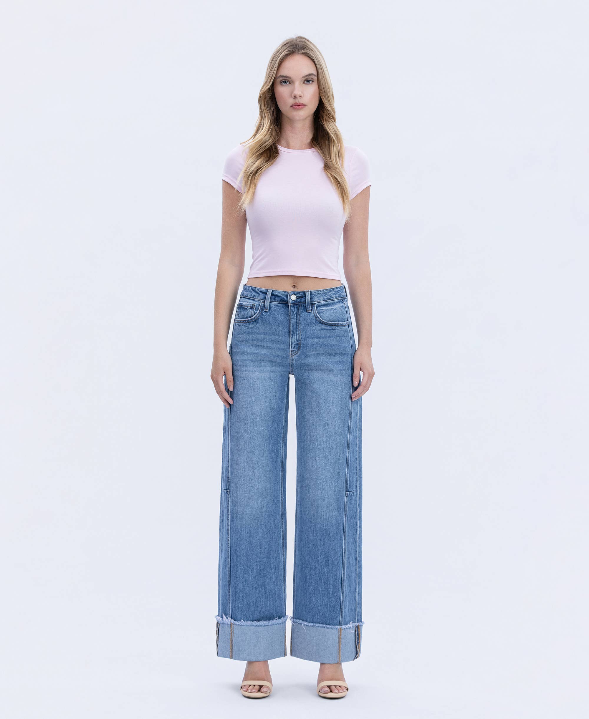 HIGH RISE MEDIUM WASH CUFFED WIDE JEANS T6684 VERVET by FLYING MONKEY- Tilden Co.