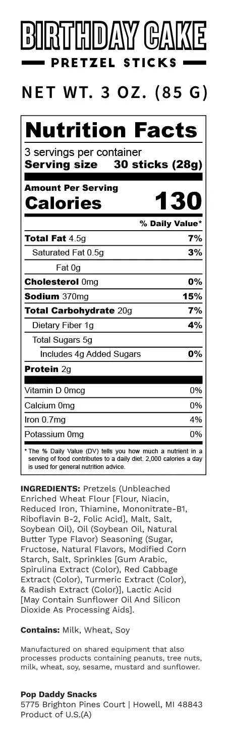 Birthday Cake Seasoned Pretzels (Limited Edition) 3.0 oz Pop Daddy Snacks- Tilden Co.