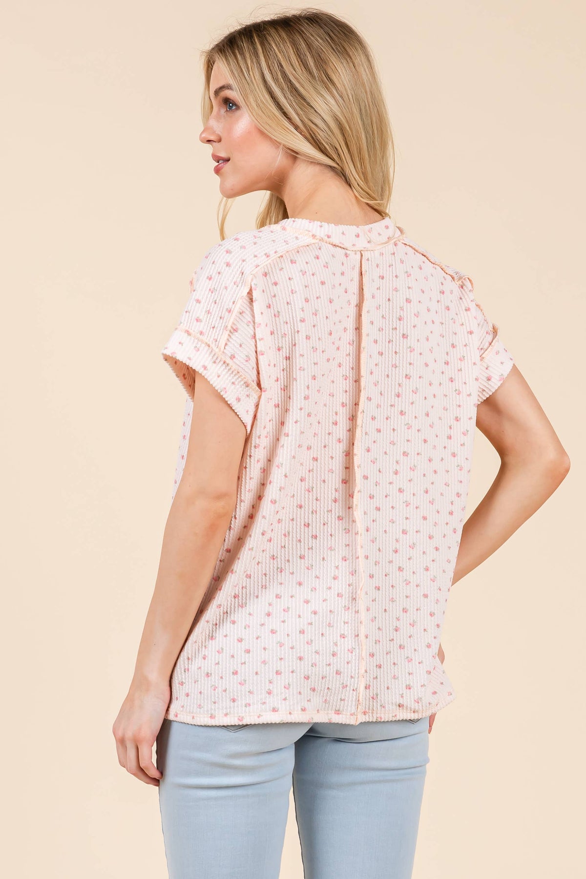 Baby Pink Floral Knit Tee Short Sleeve Top BOMBOM- Tilden Co.