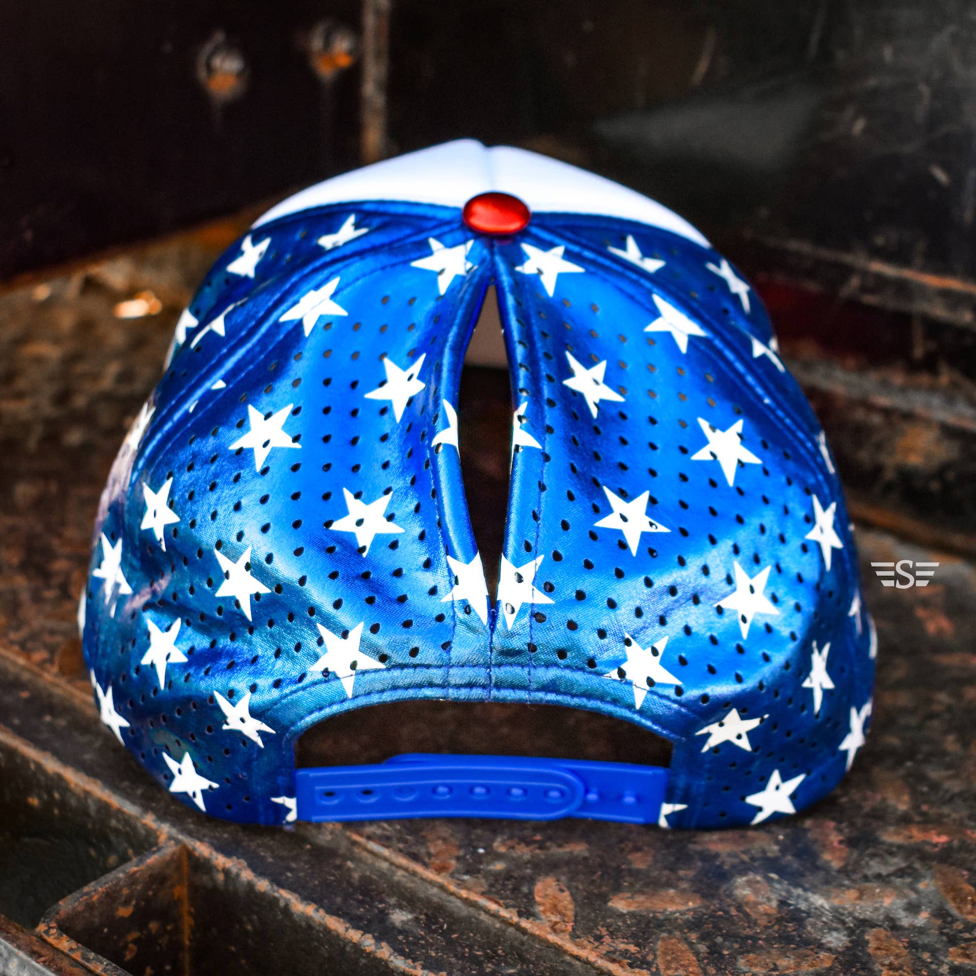 Patriotic Metallic Magna Pony® Mesh Foam Laser Cut Back Trucker Hat Flying S Company- Tilden Co.