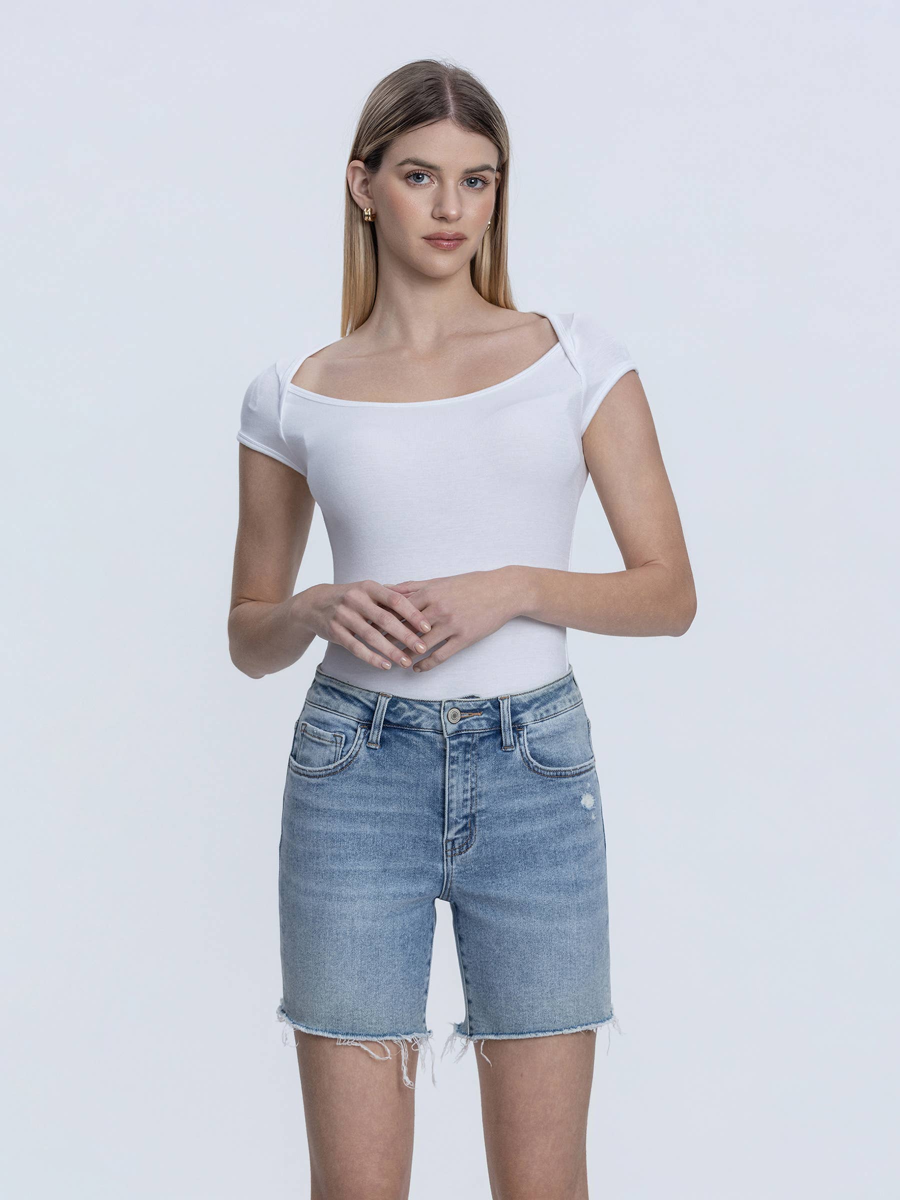 High Rise Raw Hem Midi Shorts Shorts VERVET by FLYING MONKEY- Tilden Co.