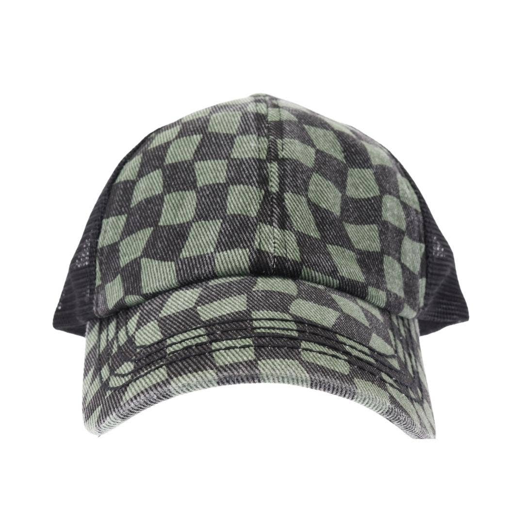 Olive Checkered Mesh Criss Cross High Pony C.C Ball Cap C.C Beanie- Tilden Co.