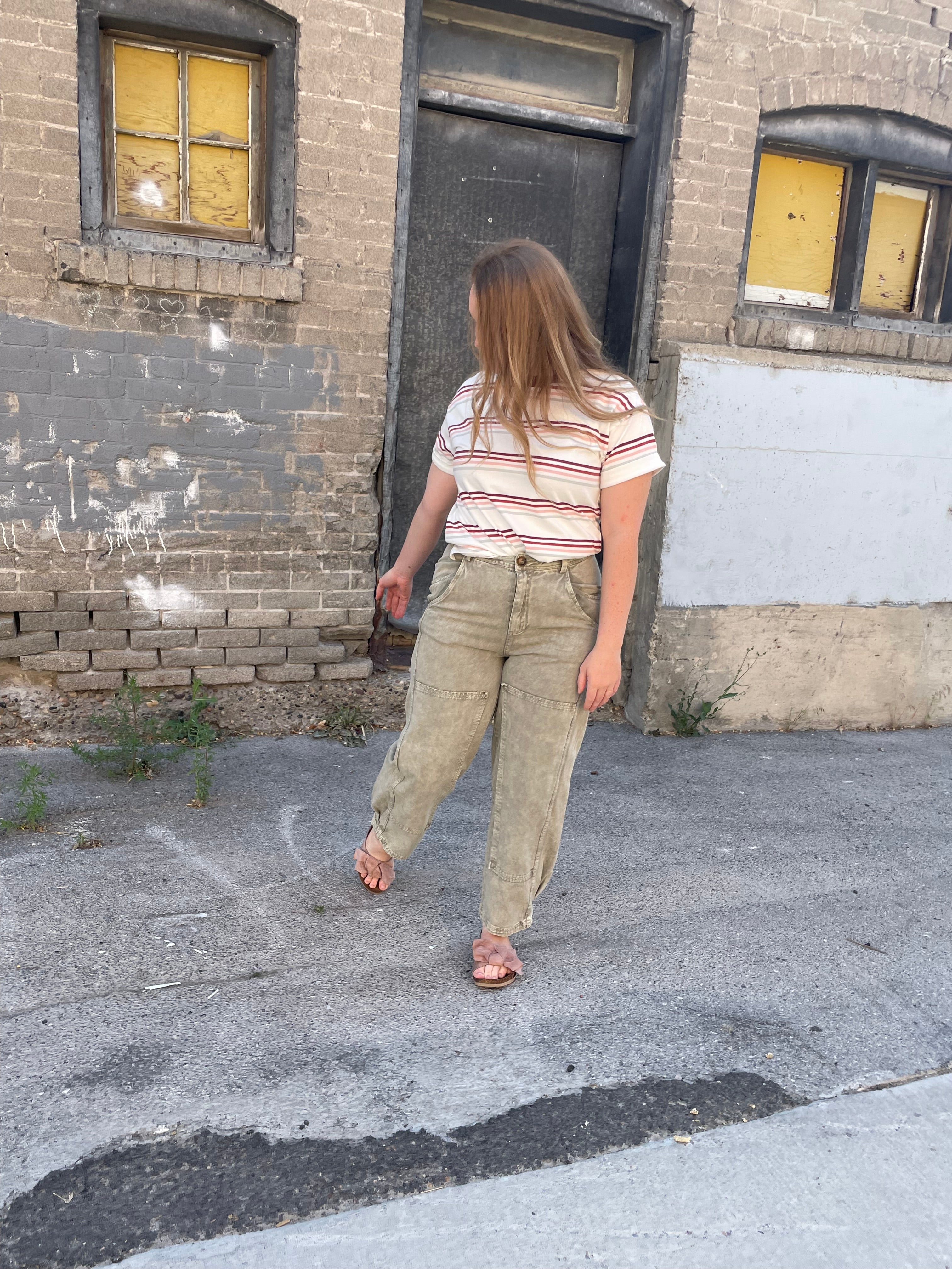 Mineral Washed Mid Rise Barrel Shape Pants Casual Pants so me- Tilden Co.