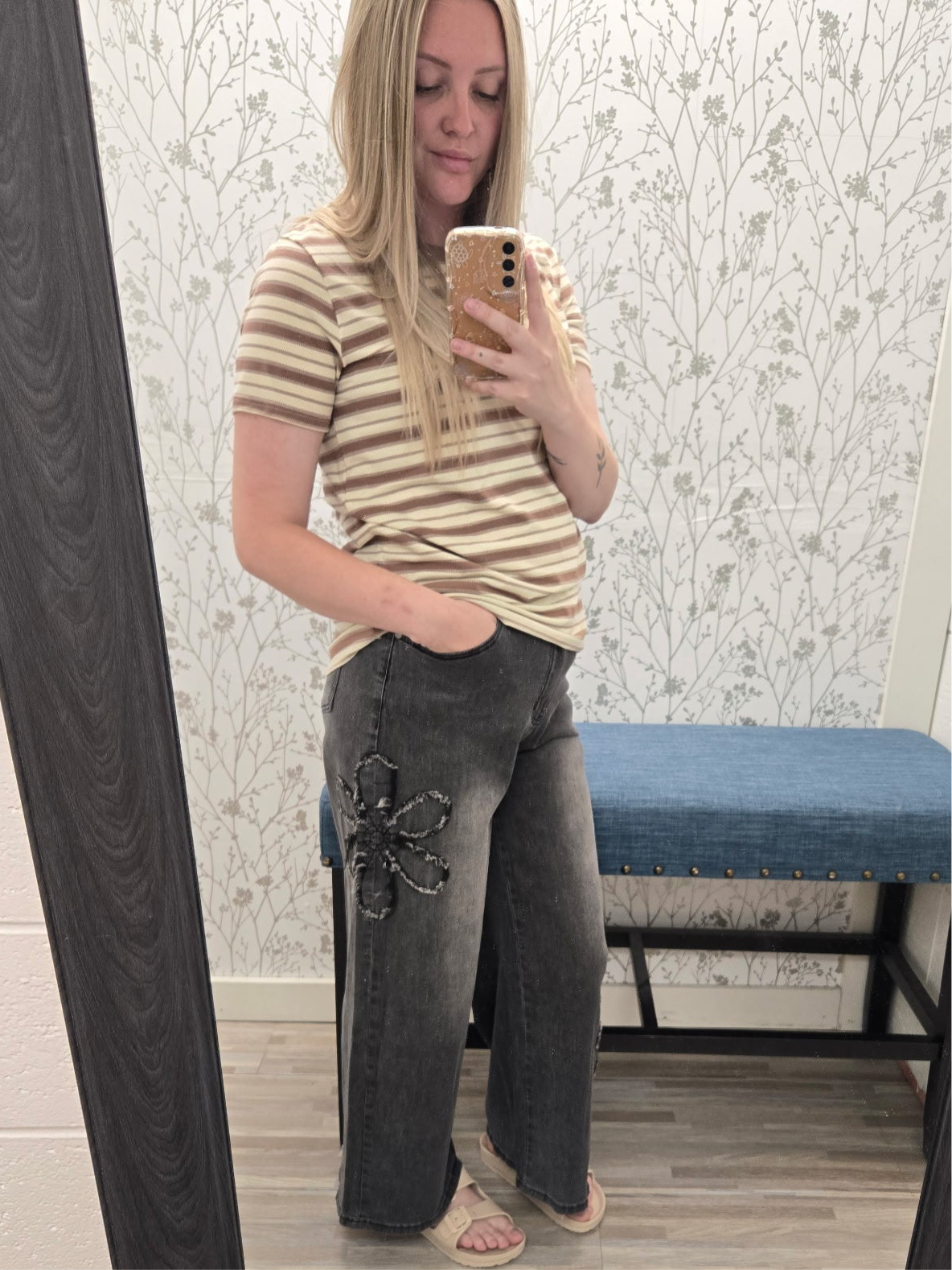 Taupe & Ivory Striped T-Shirt Short Sleeve Top Tea n Rose- Tilden Co.