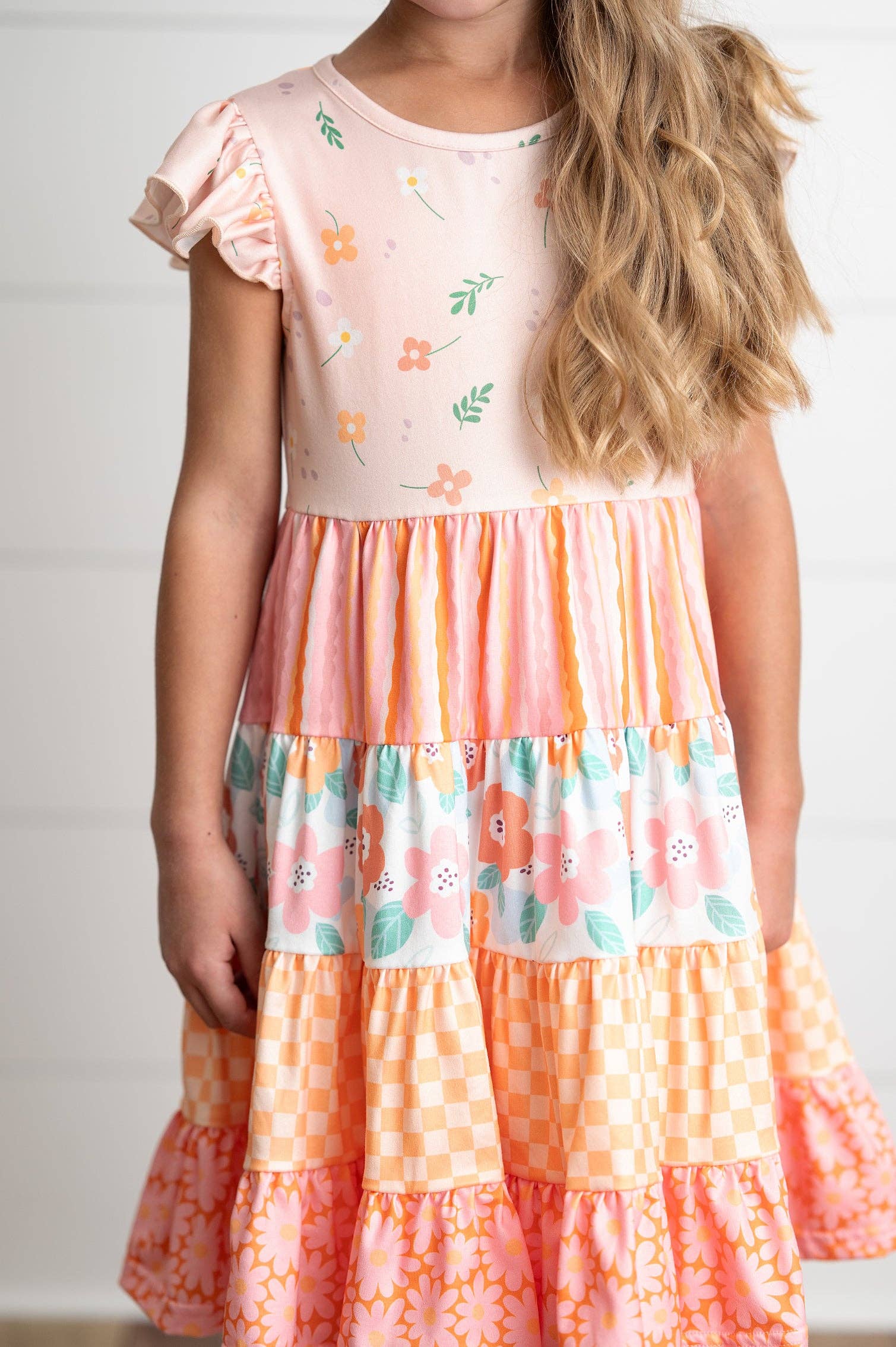 Girl's - Ava Peach Retro Tiered Dress 7/8 7/8 Girl's Dress Adorable Sweetness- Tilden Co.