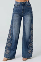Floral Embroidered Wide Leg Jeans Jeans SAIGE DENIM- Tilden Co.