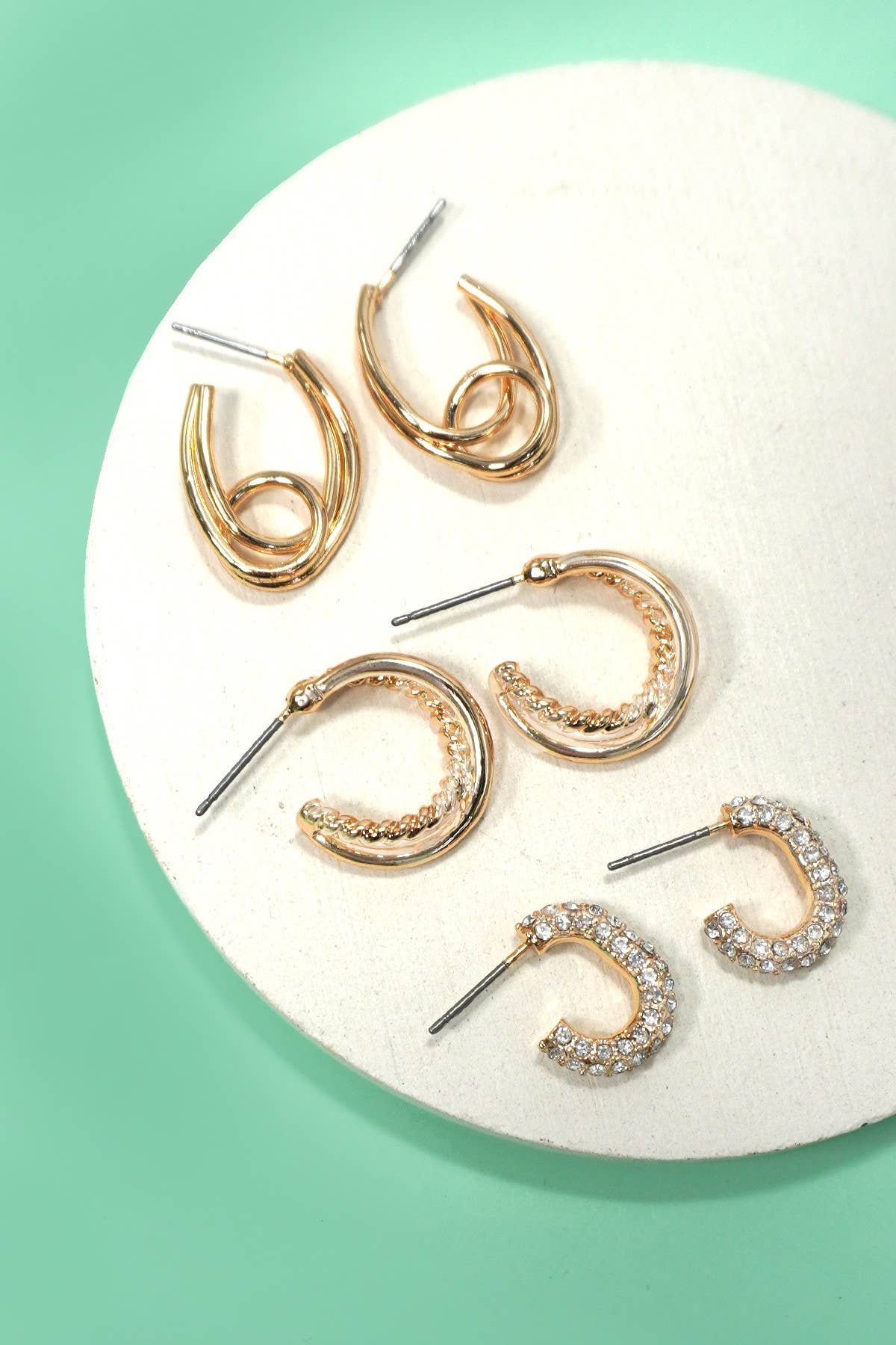 TRIO HUGGIE HOOP RHINESTONE TITANIUM POST EARRINGS | 80E5807 JOSSLYN by wall to wall- Tilden Co.