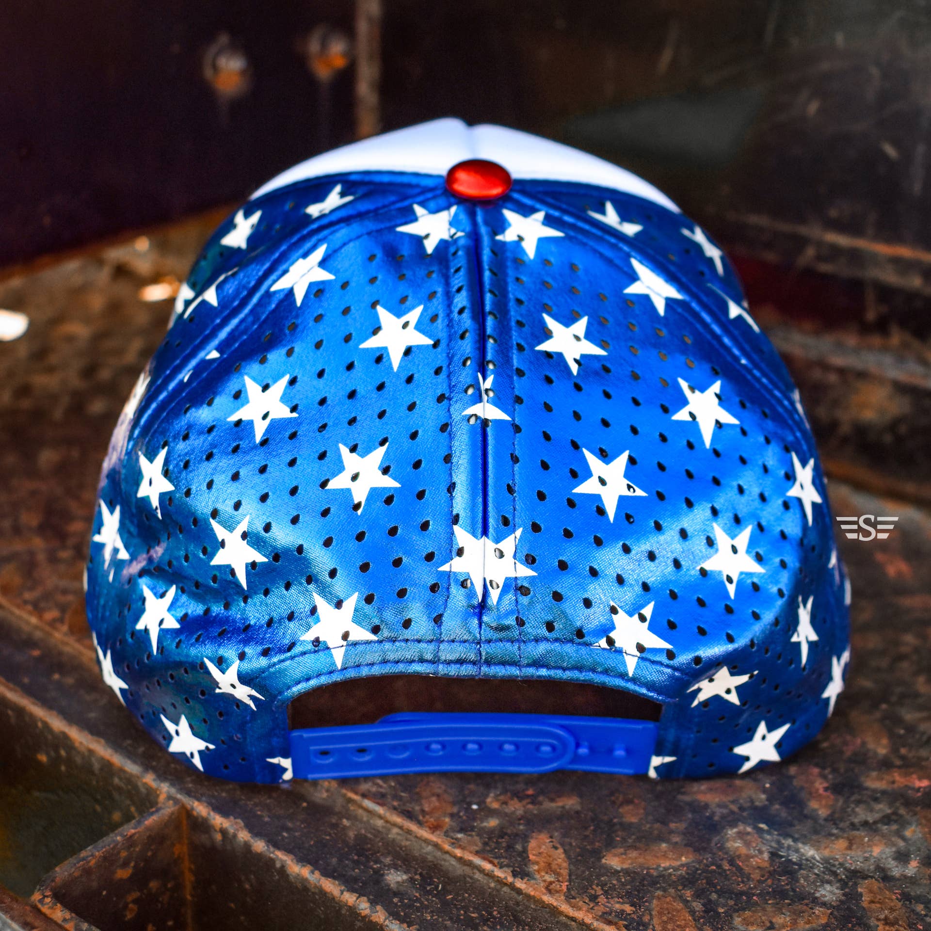 Patriotic Metallic Magna Pony® Mesh Foam Laser Cut Back Trucker Hat Flying S Company- Tilden Co.