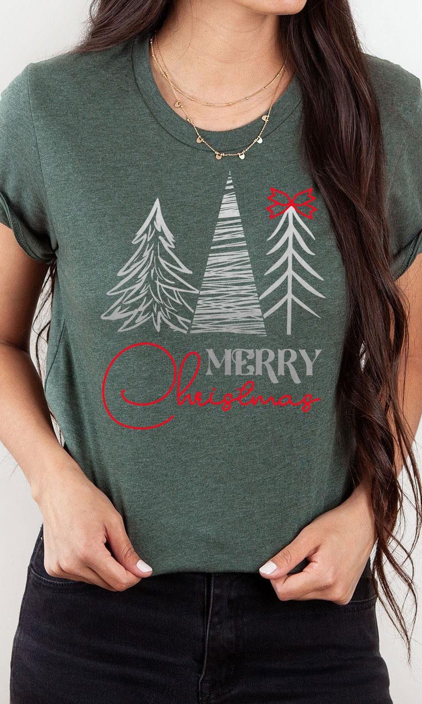 Merry Christmas Silver Trees Red Bow Graphic Tee - Final Sale    Shirts & Tops Kissed Apparel- Tilden Co.