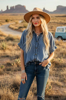 Frayed Denim Button Up Small Small Shirts & Tops Sewn and Seen- Tilden Co.