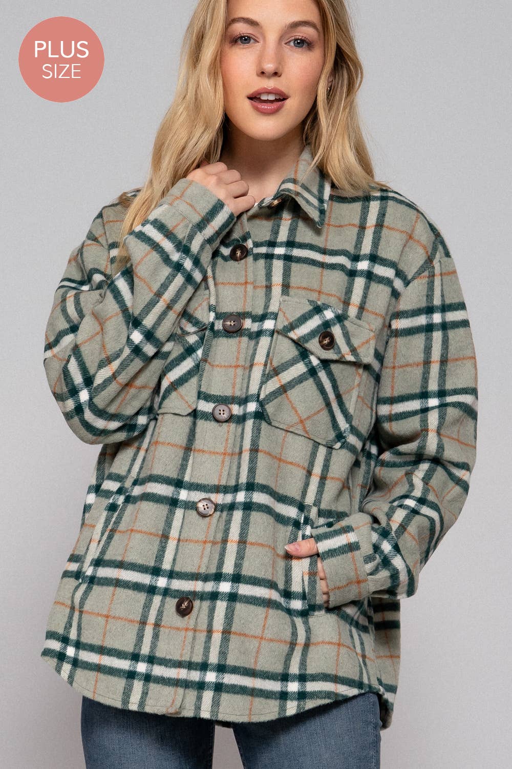 Plus Size - Plaid Button Down Shacket shacket Active Basic | Active USA- Tilden Co.