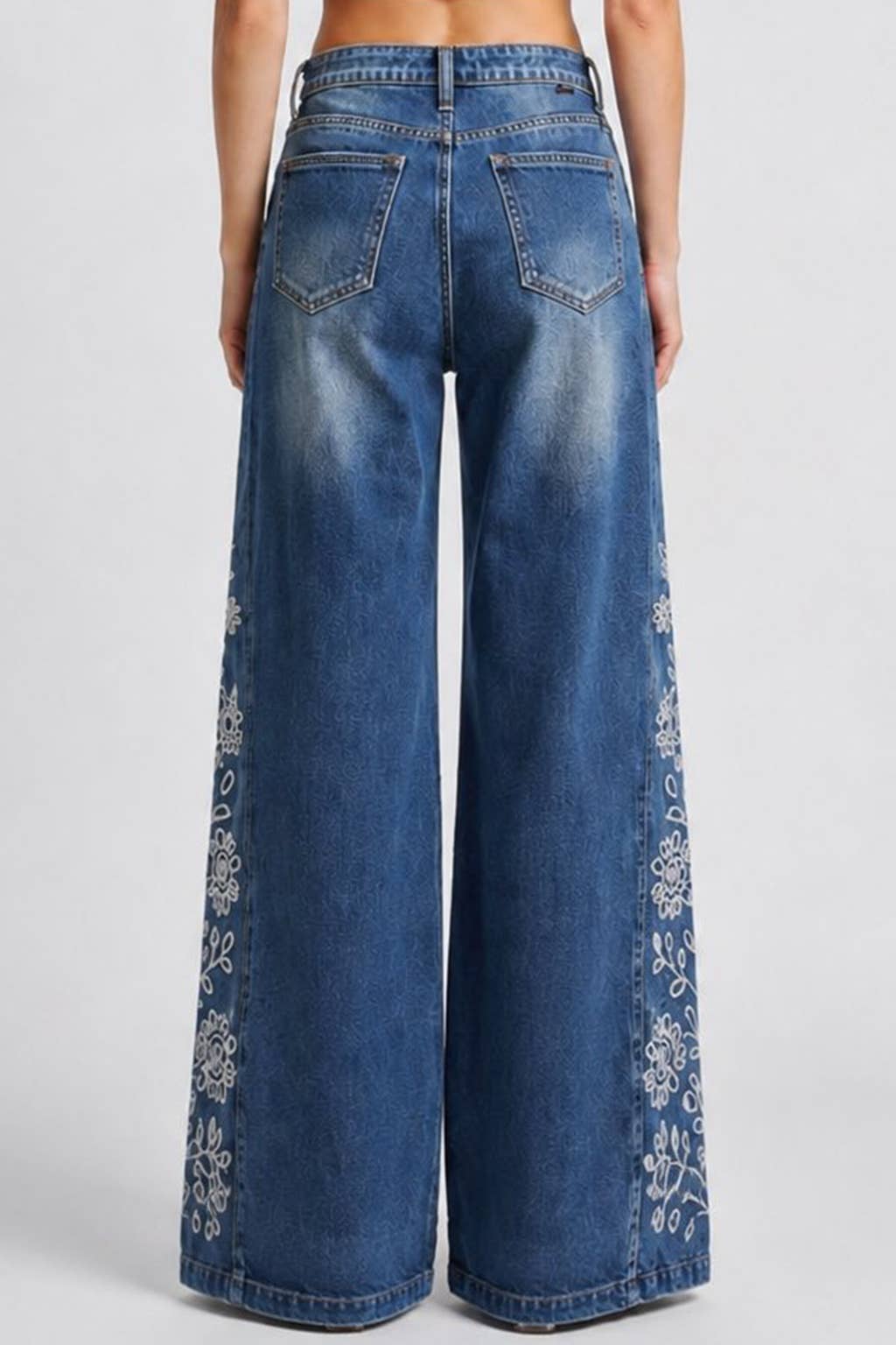 Floral Embroidered Wide Leg Jeans Jeans SAIGE DENIM- Tilden Co.