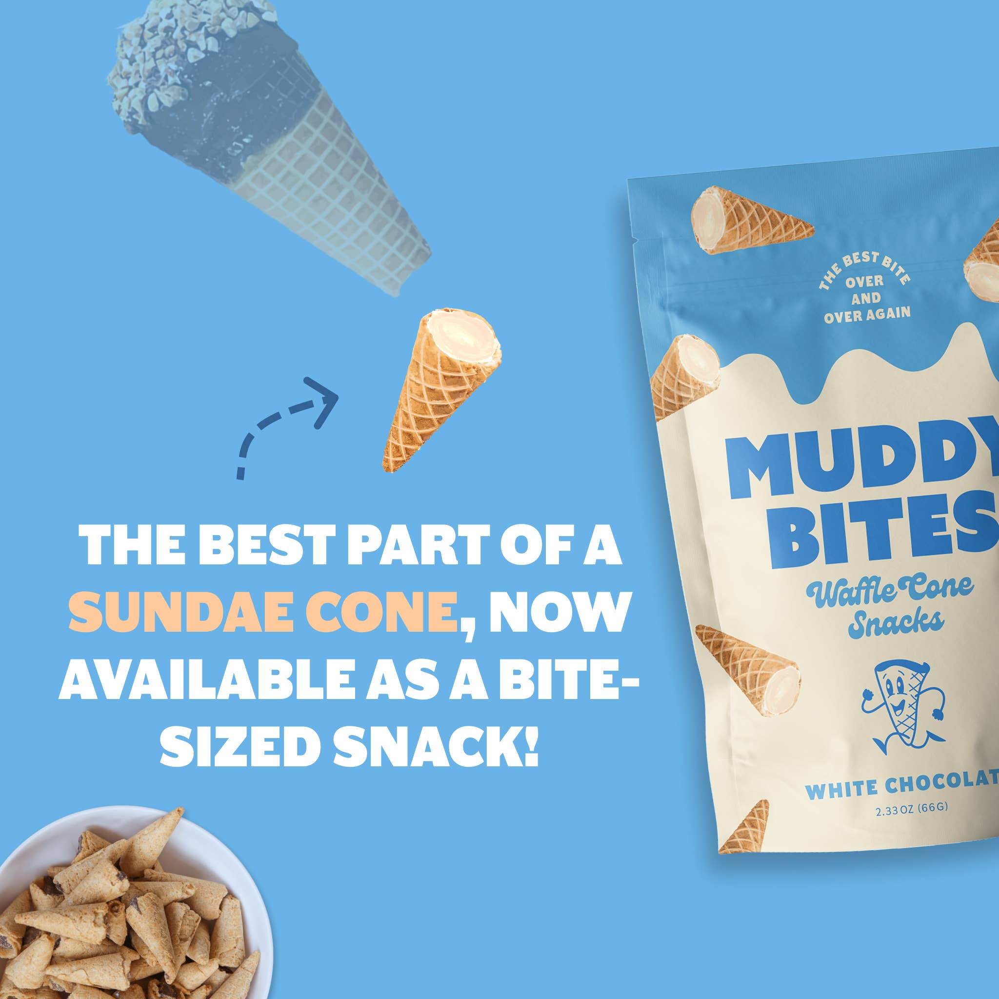 White Chocolate Waffle Cones Snacks Muddy Bites- Tilden Co.