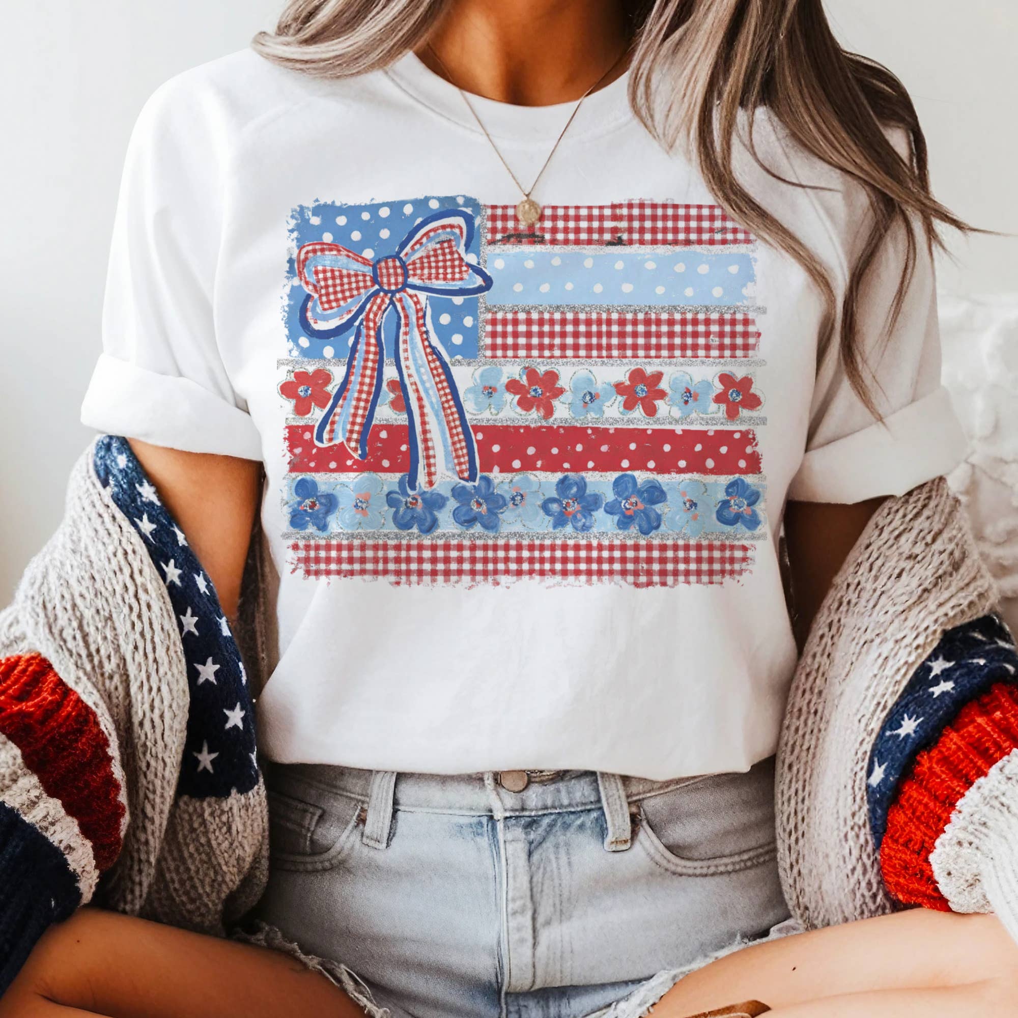 USA Gingham Bow Graphic Tee Small Small T-Shirt Par.tees by Party On!- Tilden Co.