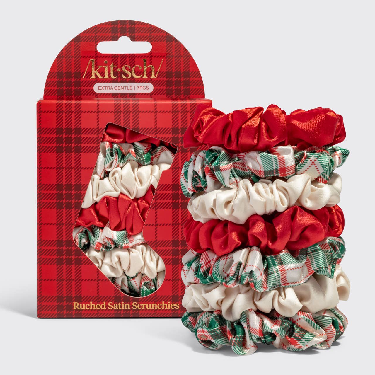 Holiday Ruched Satin Scrunchies 7pc Set Hair Accessory KITSCH- Tilden Co.