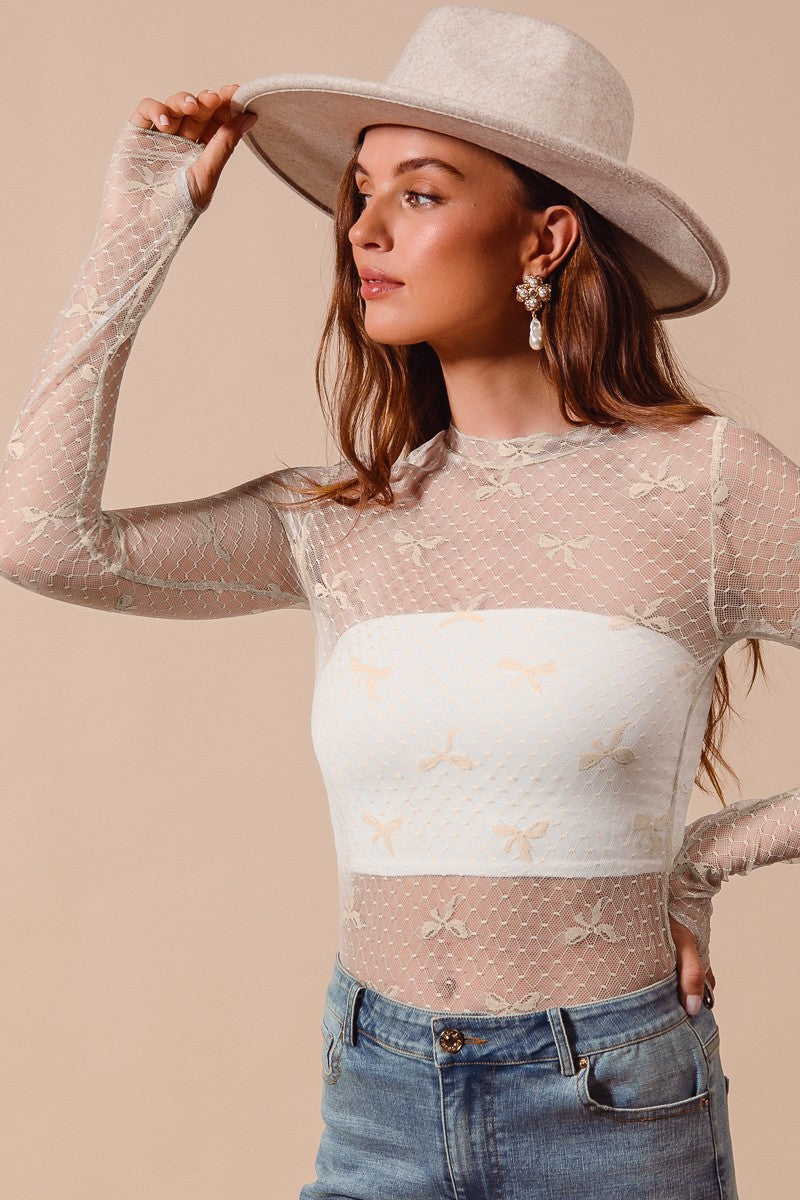 Bow Ribbon Pattern Sheer Lace Top Shirts & Tops so me- Tilden Co.