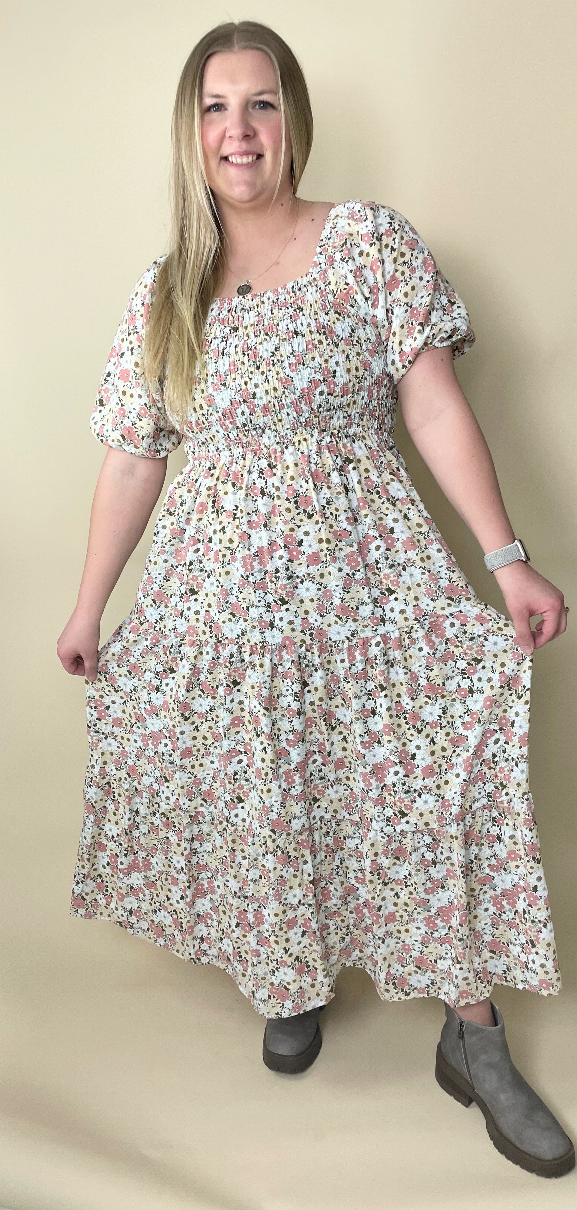 Indy Dress in Retro Peony Midi Dress Mikarose- Tilden Co.