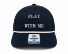 Navy 'Play Golf With Me' rope cap, front view showing embroidered lettering and white rope trim