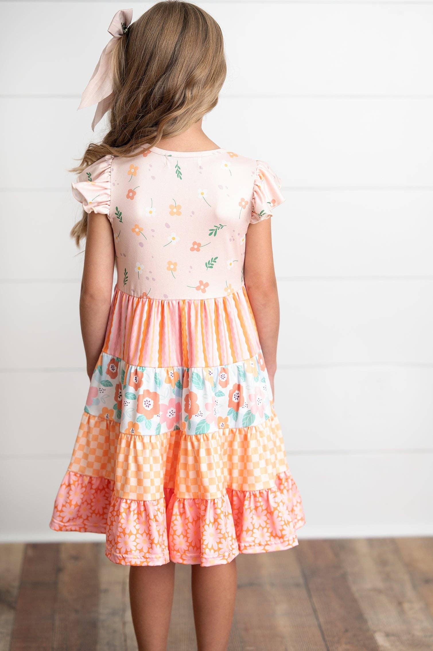 Girl's - Ava Peach Retro Tiered Dress 3/4 3/4 Girl's Dress Adorable Sweetness- Tilden Co.