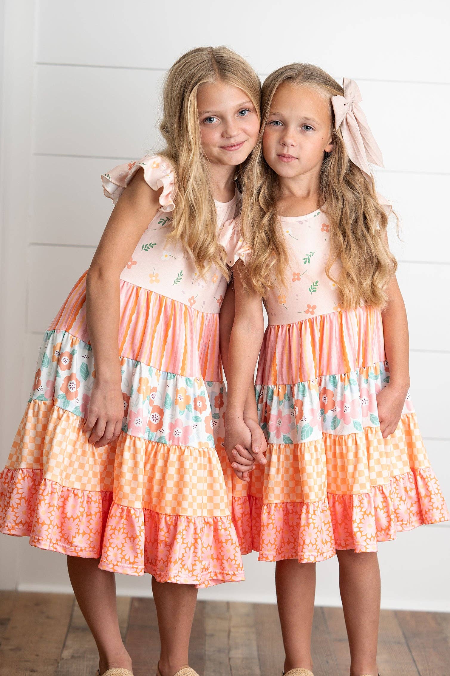 Girl's - Ava Peach Retro Tiered Dress 10/12 10/12 Girl's Dress Adorable Sweetness- Tilden Co.