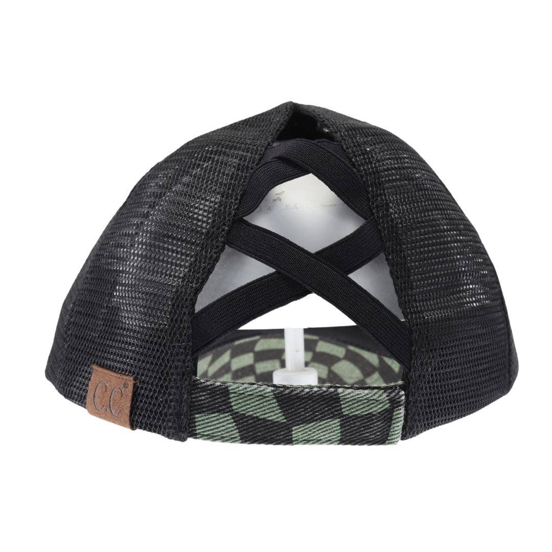 Olive Checkered Mesh Criss Cross High Pony C.C Ball Cap C.C Beanie- Tilden Co.