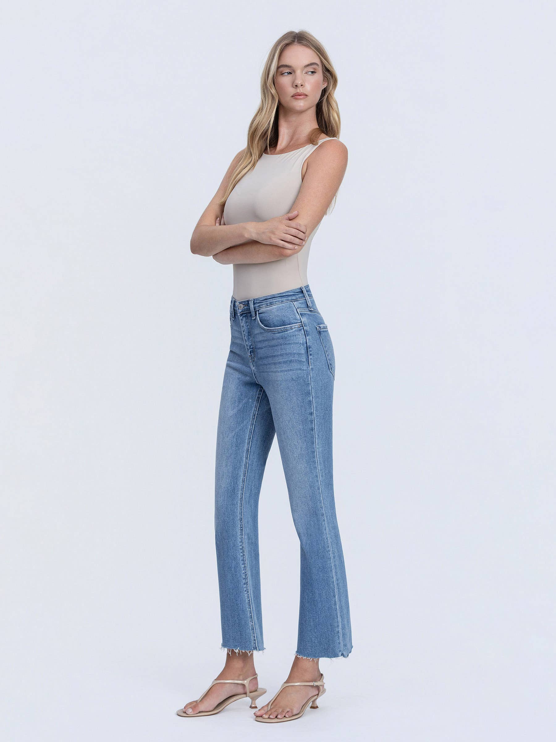 High Rise Raw Hem Crop Flare Jeans Jeans VERVET by FLYING MONKEY- Tilden Co.