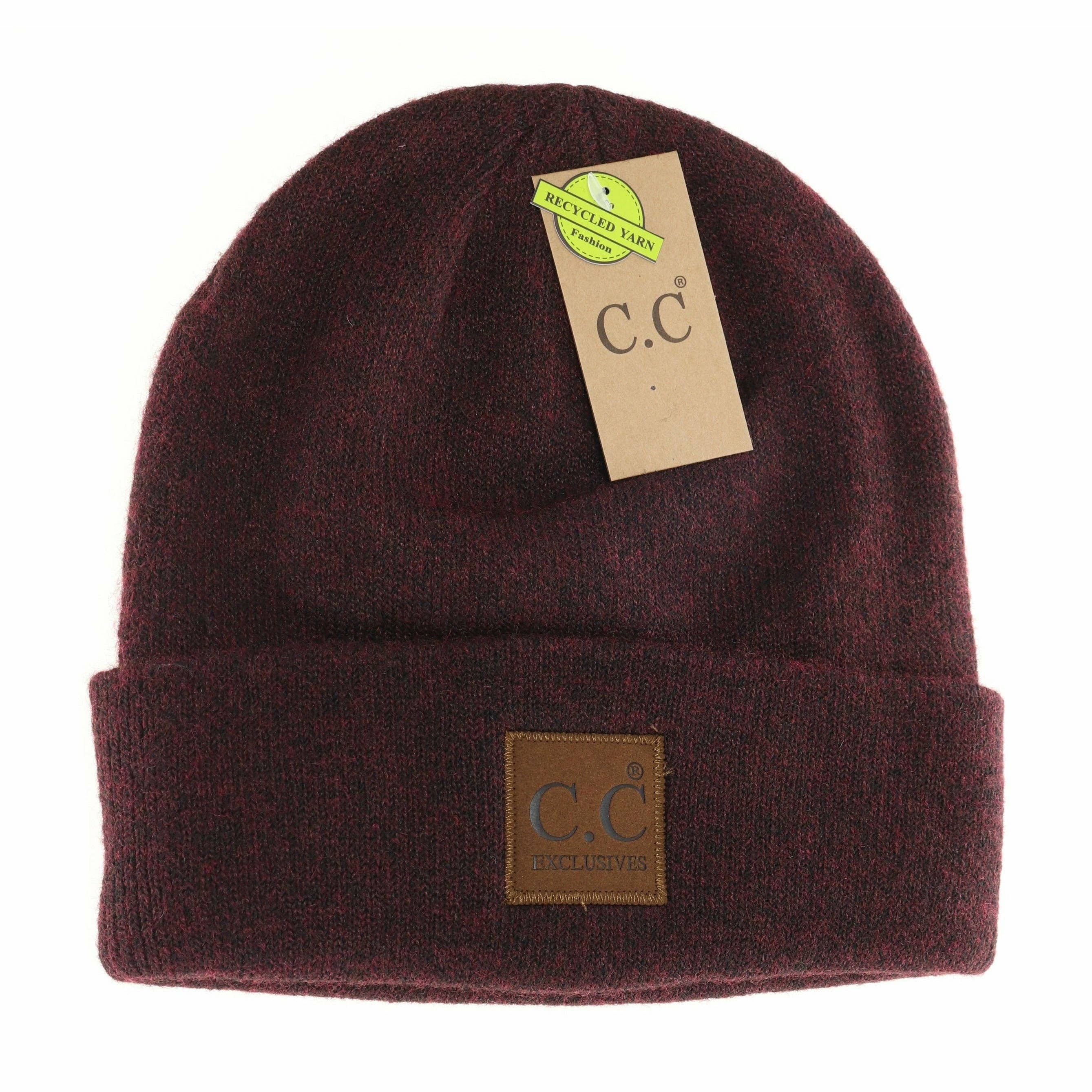 Unisex Soft Ribbed Leather Patch C.C. Beanie Heather Wine Heather Wine  beanie C.C Beanie- Tilden Co.