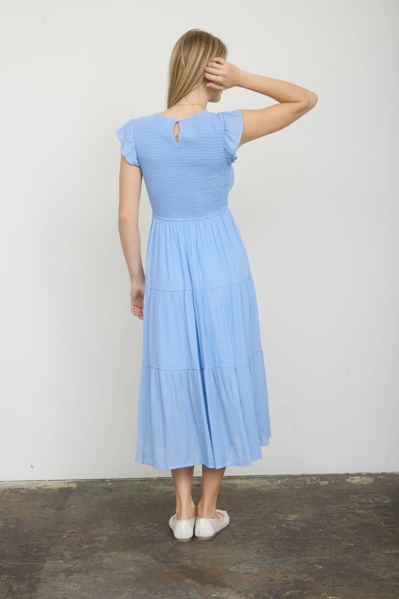 Smocked Tiered Midi Dress Light Chambray / Small Light Chambray Small Midi Dress Blu Pepper- Tilden Co.