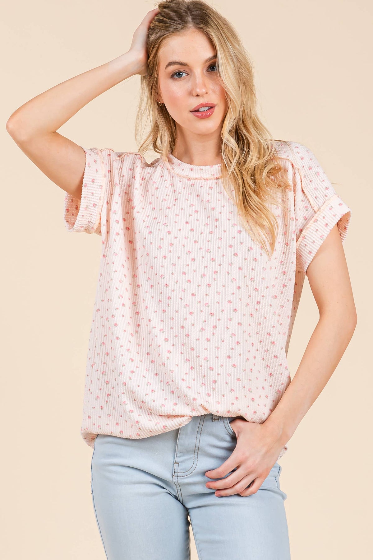 Baby Pink Floral Knit Tee Short Sleeve Top BOMBOM- Tilden Co.