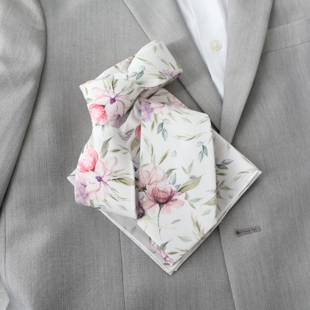 Keira Dusty Rose Floral Tie & Pocket Square Set    necktie Tie Mood- Tilden Co.