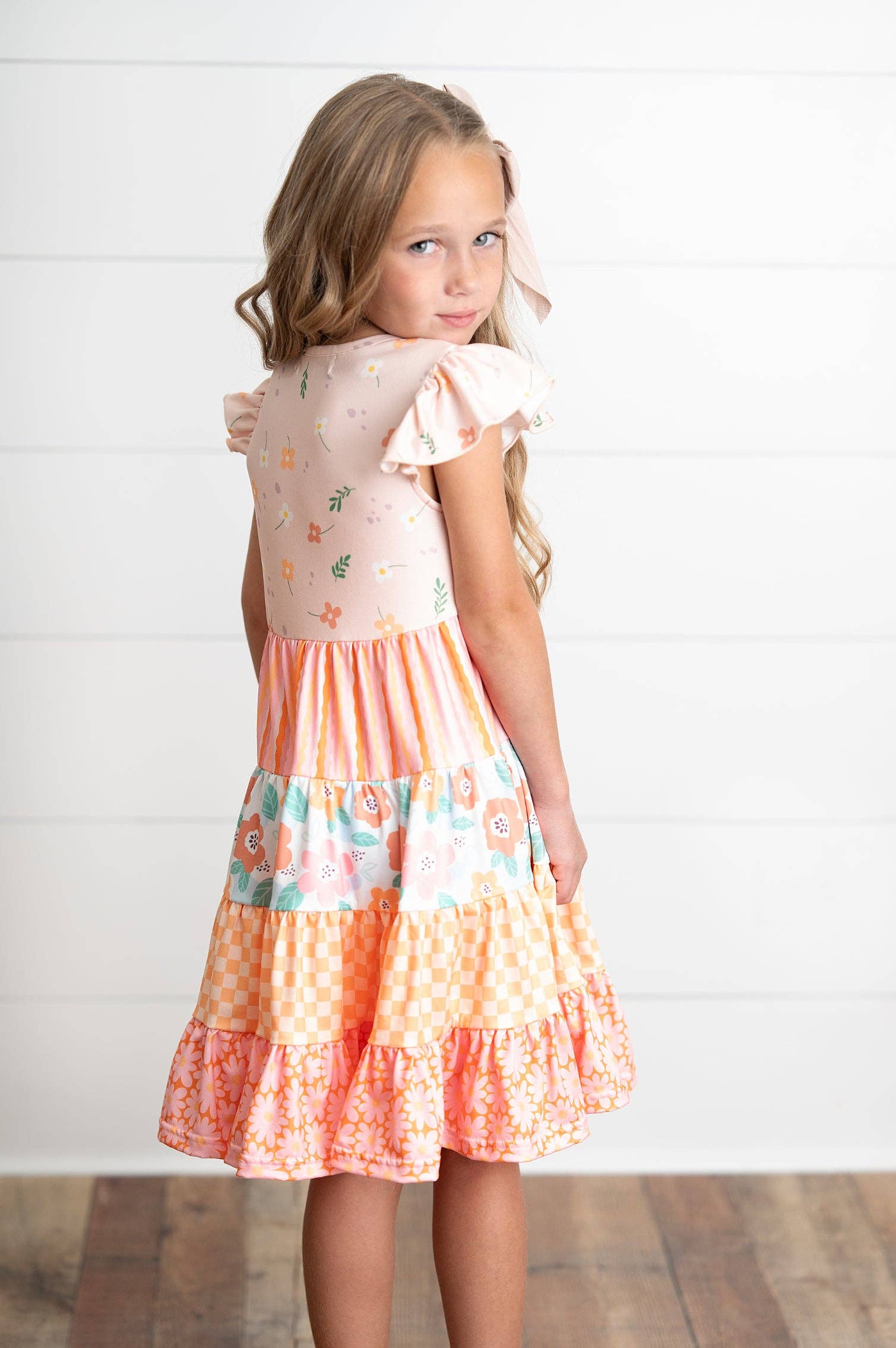 Girl's - Ava Peach Retro Tiered Dress 5/6 5/6 Girl's Dress Adorable Sweetness- Tilden Co.
