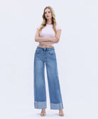 HIGH RISE MEDIUM WASH CUFFED WIDE JEANS T6684 VERVET by FLYING MONKEY- Tilden Co.