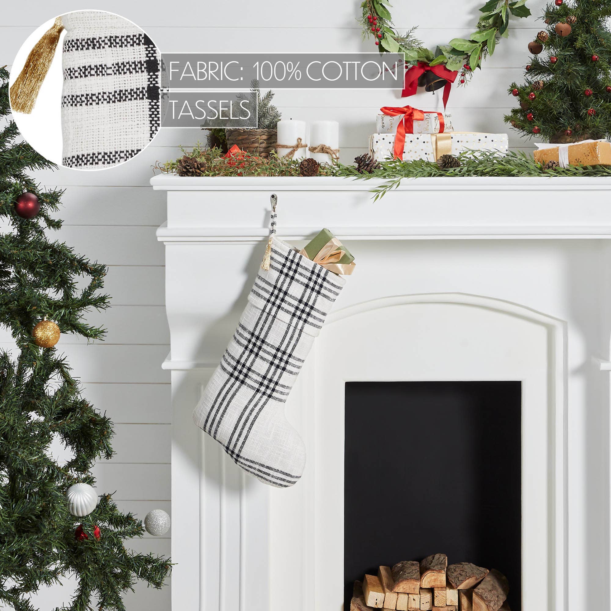 Wintergleam Black White Plaid Stocking 12x20    Home & Decor VHC Brands- Tilden Co.