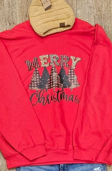 Merry Christmas Plaid Tree Crewneck Sweatshirt in Red     Daydreamer Creations- Tilden Co.